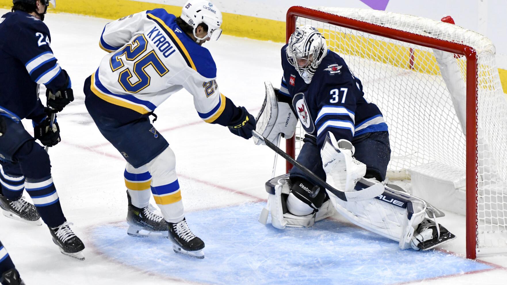 Jordan Kyrou scores twice as Joel Hofer, Blues beat Jets 4-1